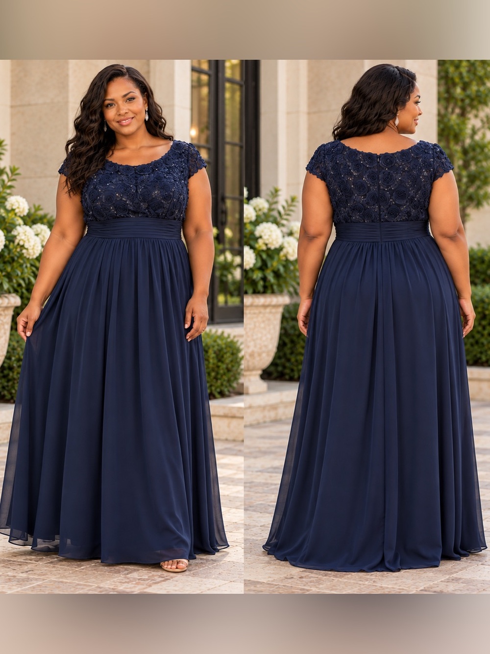 Oleg Cassini 24W Marine Navy Rosette Lace Chiffon Formal Gown WBM2575